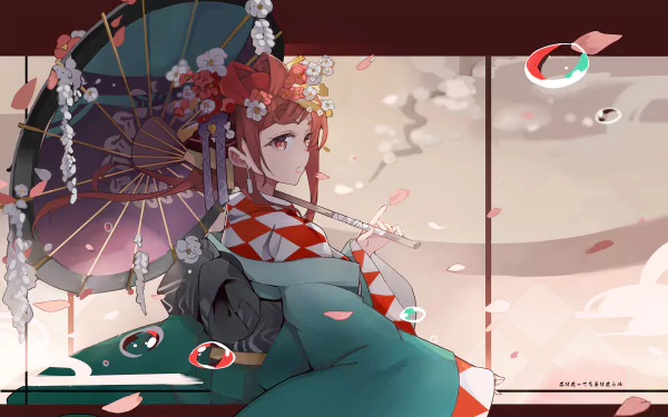 HD PC wallpaper featuring Yuugiri from Zombie Land Saga, holding a traditional umbrella adorned with flowers and bubbles floating around in an anime-style scene.