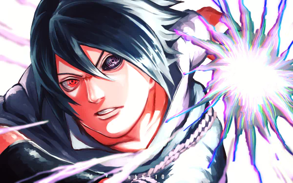 HD desktop wallpaper featuring Sasuke Uchiha from the anime Naruto, showcasing him using the Chidori technique.