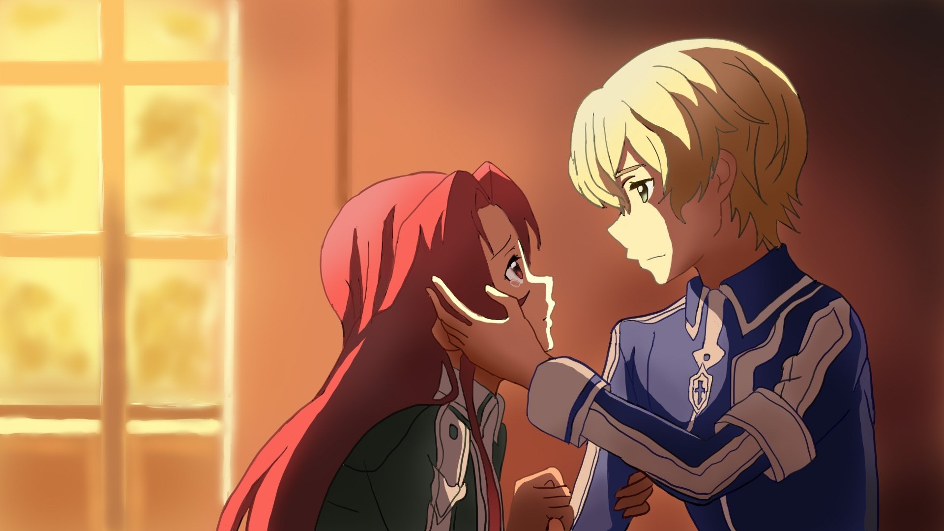 Eugeo and Tiese Shtolienen from Sword Art Online: Alicization share a heartfelt moment in this HD anime desktop wallpaper.