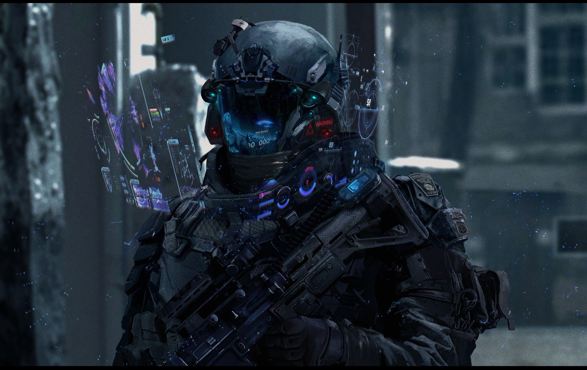 Futuristic sci-fi warrior in advanced armor with glowing blue holographic displays, set in a dark urban environment, rendered as an HD PC desktop wallpaper.