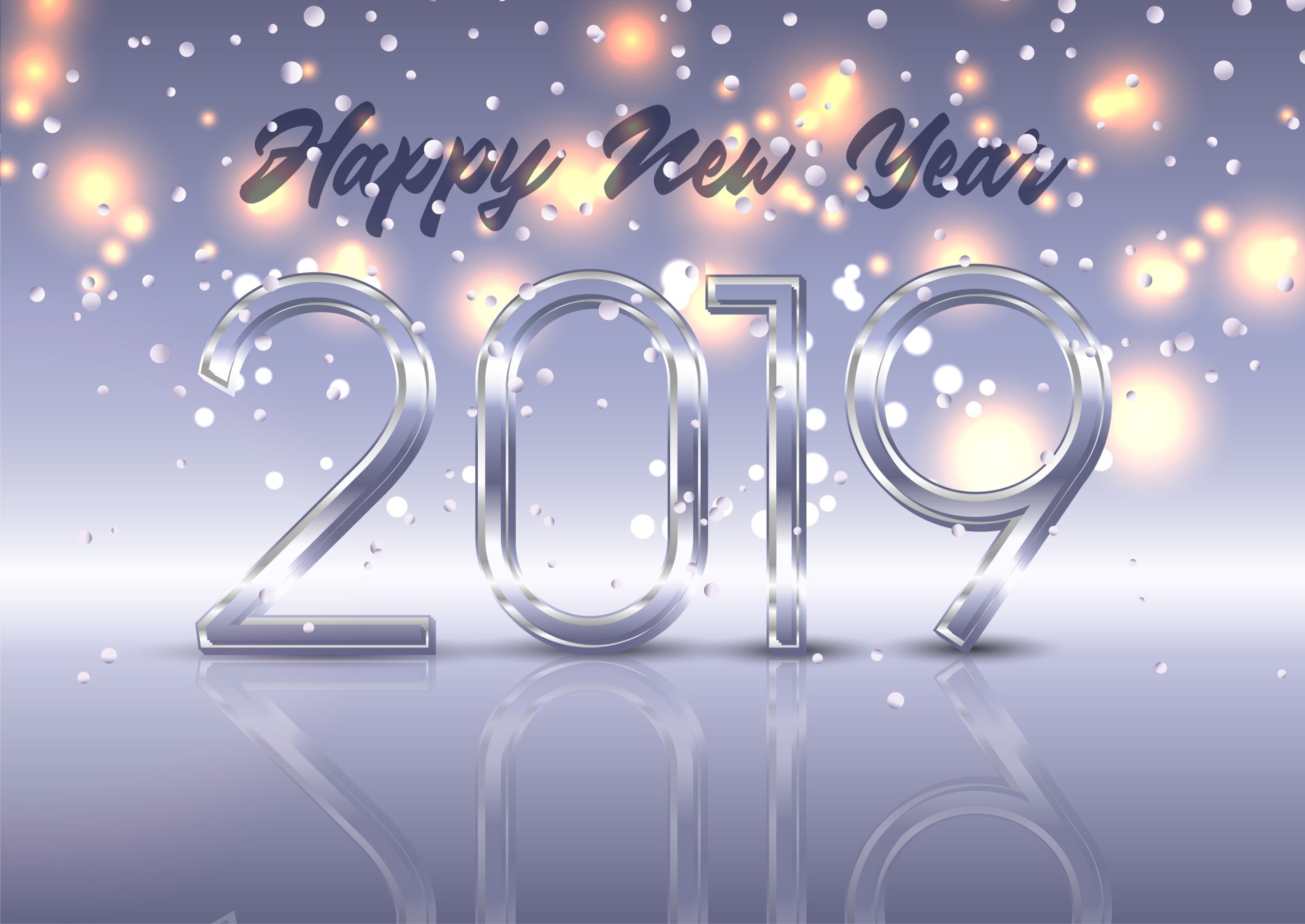4K Ultra HD Happy New Year 2019 wallpaper featuring reflective silver numbers with sparkling light effects and festive holiday ambiance on a soft gradient background.