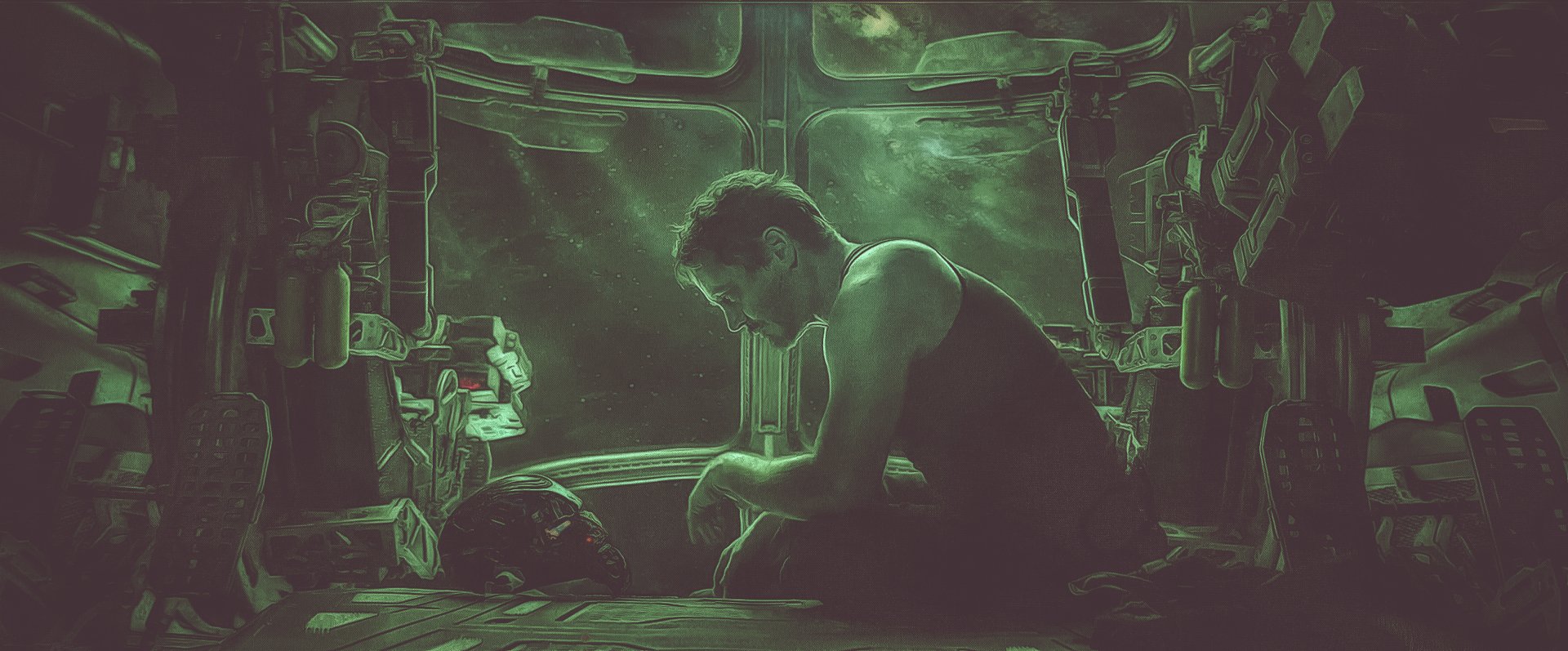 HD desktop wallpaper featuring Robert Downey Jr. as Tony Stark in a poignant scene from Avengers: Endgame, set in a dimly lit spaceship.