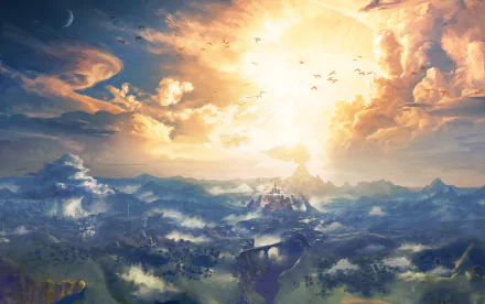HD PC desktop wallpaper featuring a vibrant, expansive landscape from the video game The Legend of Zelda: Breath of the Wild at sunrise with detailed clouds and distant castle.