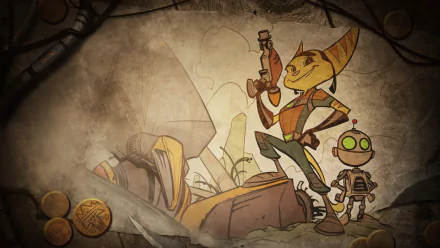 HD PC desktop wallpaper featuring Ratchet and Clank from Ratchet & Clank Future: Quest for Booty, showcasing the iconic video game duo in detailed artwork.