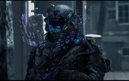 Futuristic sci-fi warrior in advanced armor with glowing blue holographic displays, set in a dark urban environment, rendered as an HD PC desktop wallpaper.