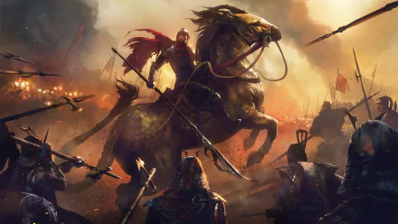 A fantasy oriental warrior on horseback wielding a spear leads a fierce battle amid flying arrows and chaos, captured in a dynamic HD desktop wallpaper.