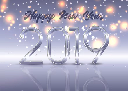 4K Ultra HD Happy New Year 2019 wallpaper featuring reflective silver numbers with sparkling light effects and festive holiday ambiance on a soft gradient background.
