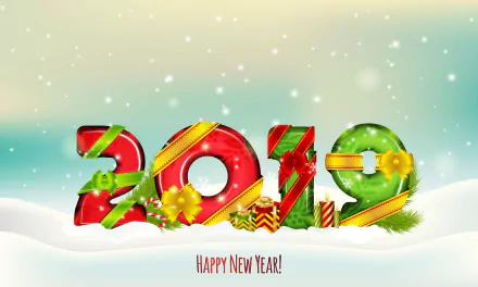 Festive holiday 5K Ultra HD PC desktop wallpaper background: red and green 2019 ornament numbers in snow with ribbons, gifts and a Happy New Year! greeting.