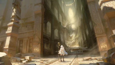 An 8K Ultra HD fantasy scene of a young figure standing in a vast ruined hall illuminated by sunlight, with a majestic Chinese dragon coiling through the shadows.