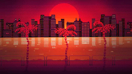 HD PC desktop wallpaper featuring a vibrant Hotline Miami-inspired cityscape with palm trees silhouetted against a large red sun and a reflective water foreground.