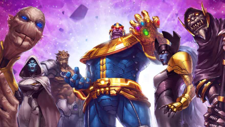 HD desktop wallpaper featuring Thanos wielding the Infinity Gauntlet, surrounded by Corvus Glaive, Proxima Midnight, Ebony Maw, Black Dwarf, and Supergiant, from Marvel: Future Fight.