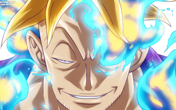 HD PC desktop wallpaper featuring Marco from the anime One Piece, showcasing his signature fiery blue flames and confident expression.