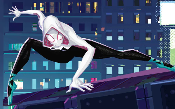 Comic-style Spider-Gwen in a white hood and black suit crouches on a rooftop at night against a lit city skyline — 2K Quad HD PC desktop wallpaper/background.