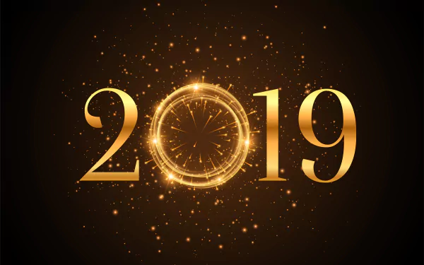2019 New Year holiday-themed 4K Ultra HD desktop wallpaper featuring golden numbers with a sparkling clock design and festive light effects on a dark background.
