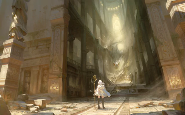 An 8K Ultra HD fantasy scene of a young figure standing in a vast ruined hall illuminated by sunlight, with a majestic Chinese dragon coiling through the shadows.