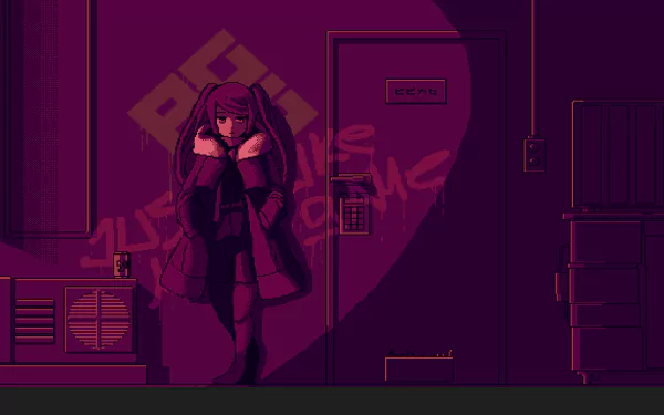 An HD desktop wallpaper featuring Julianne Stingray from the video game VA-11 Hall-A: Cyberpunk Bartender Action, standing against a wall with a dark, futuristic setting in purple hues.