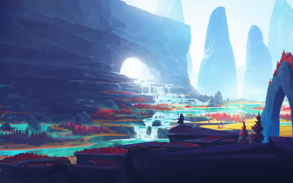 HD desktop wallpaper from the video game Duelyst, featuring a vibrant mountain landscape with towering rock formations and a cascading waterfall in a fantasy setting.