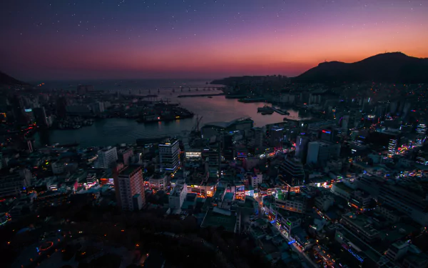 Nighttime cityscape of Busan, South Korea, showcasing illuminated buildings and hills under a deep purple sky in 4K Ultra HD quality.