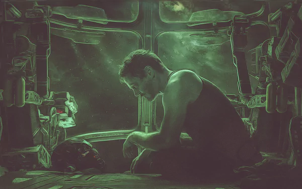 HD desktop wallpaper featuring Robert Downey Jr. as Tony Stark in a poignant scene from Avengers: Endgame, set in a dimly lit spaceship.