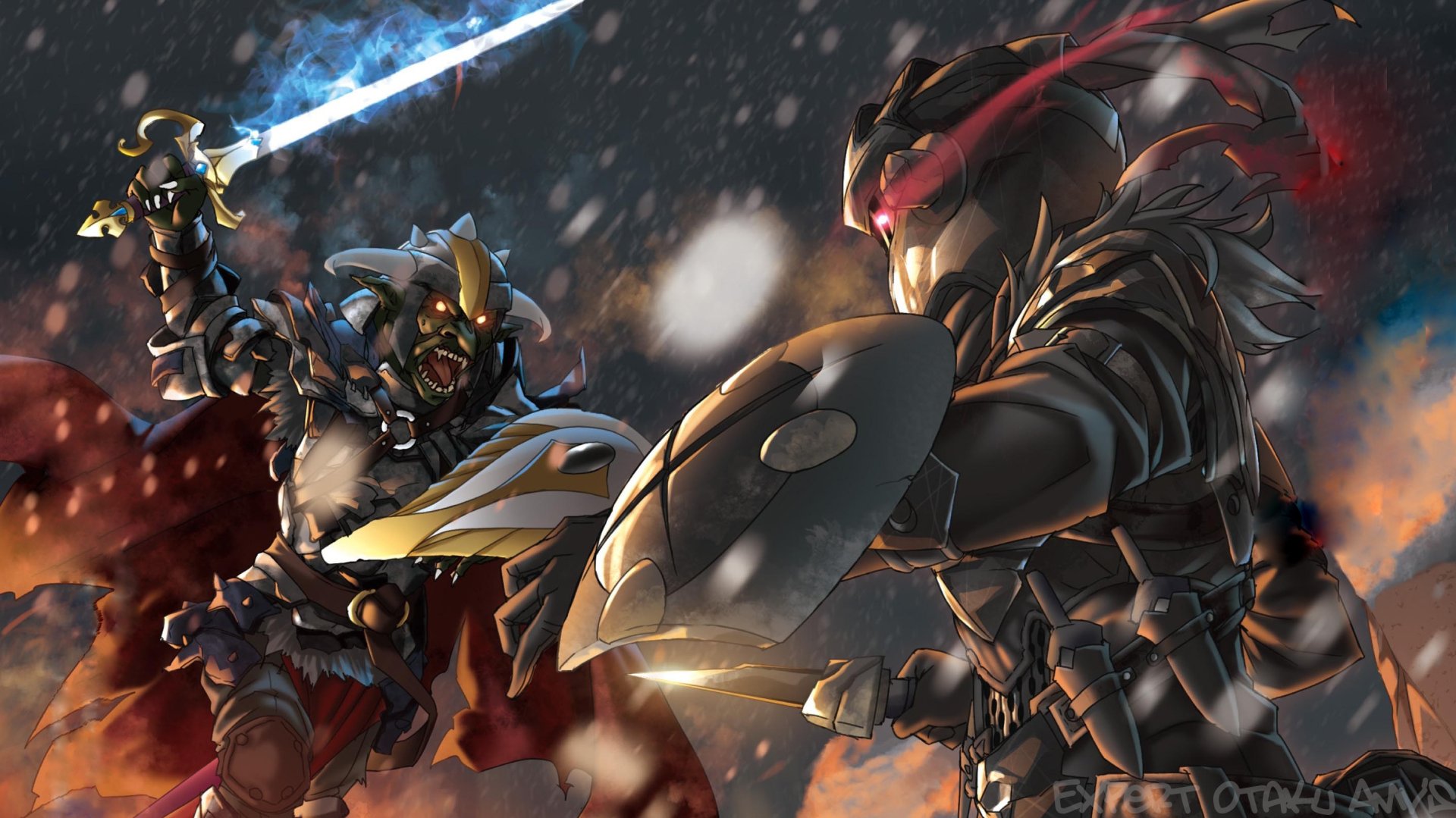 HD anime wallpaper from Goblin Slayer featuring an intense battle scene with armored warriors wielding weapons amid a dark, snowy backdrop.