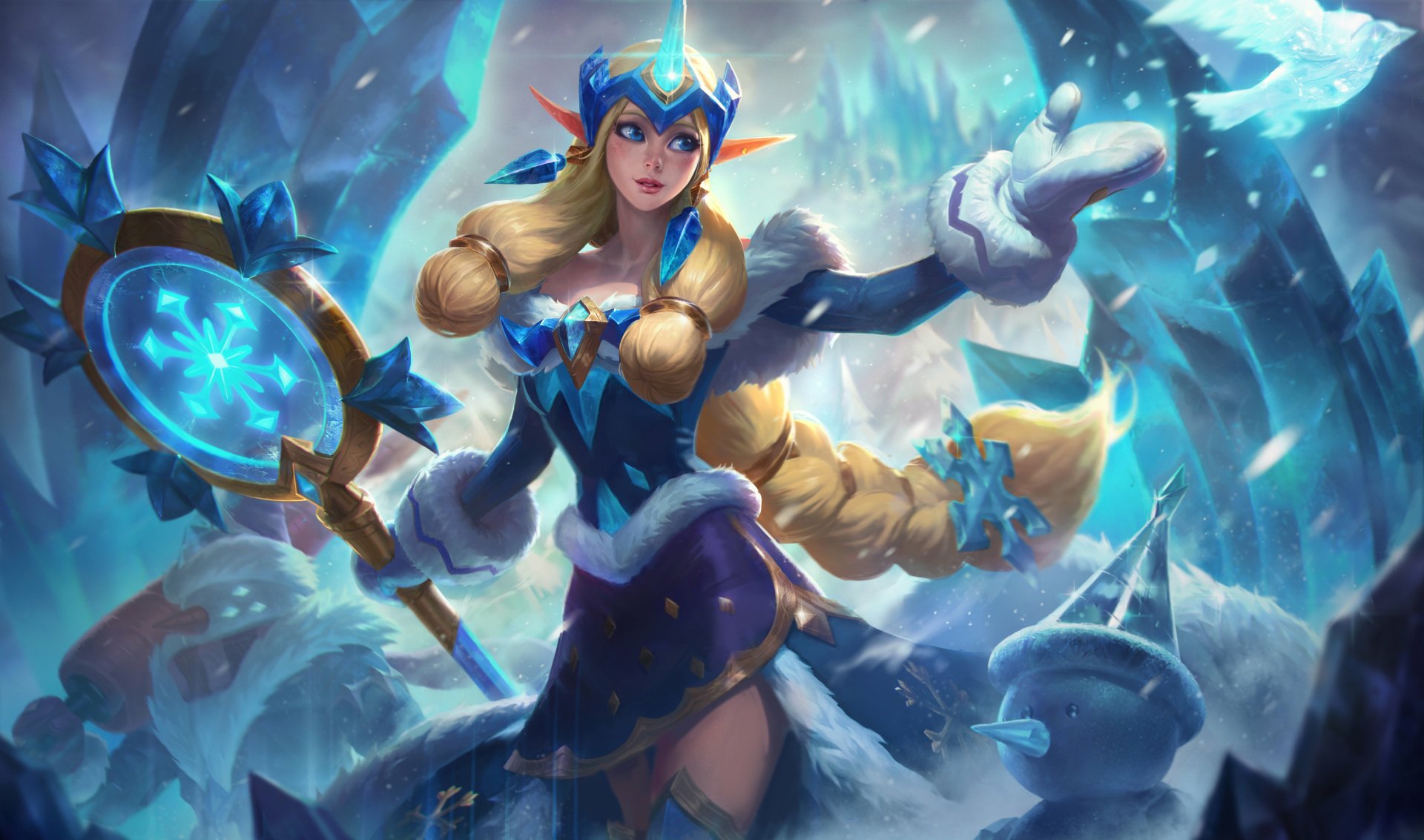 HD wallpaper featuring Soraka from League of Legends in a snowy, icy landscape.