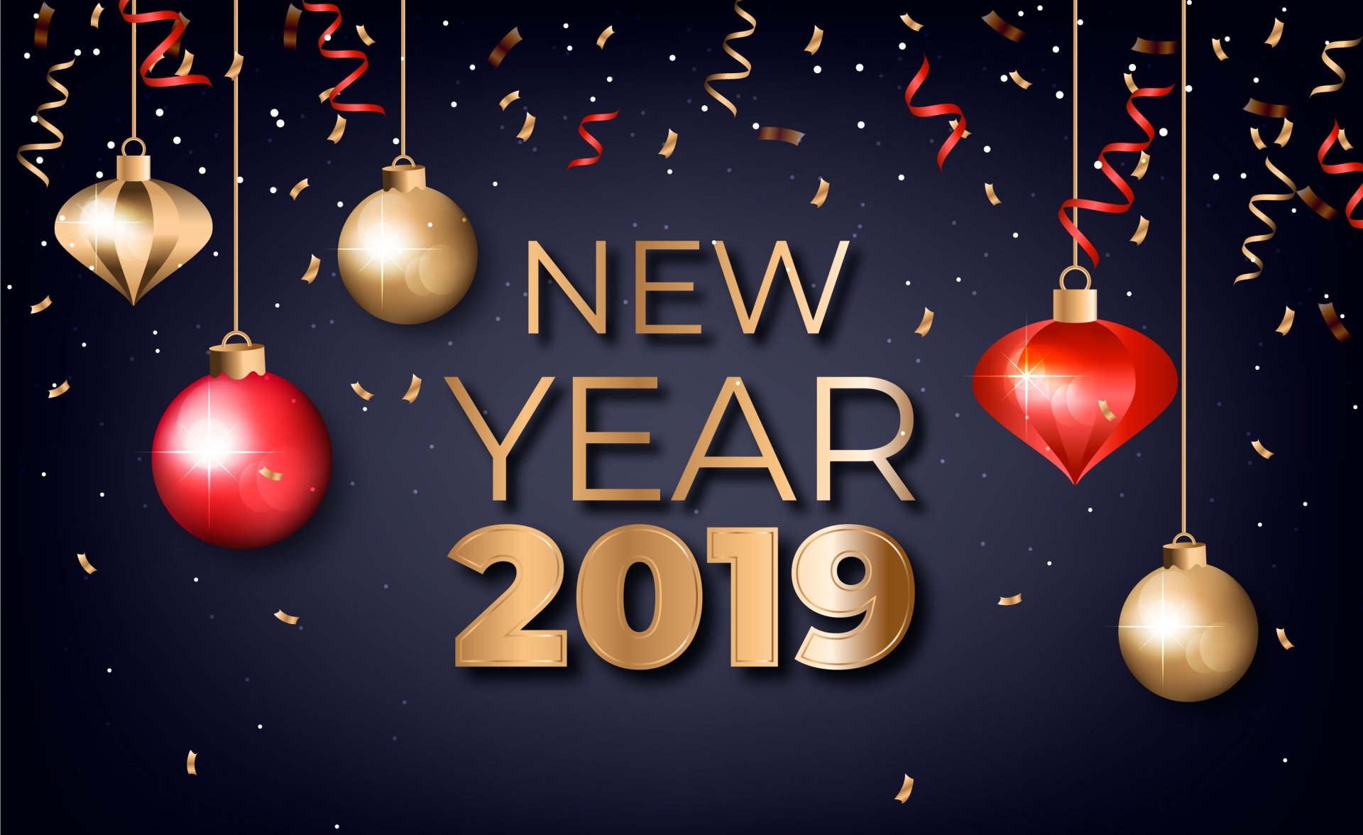 Holiday New Year 2019 2K Quad HD PC desktop wallpaper: gold NEW YEAR 2019 on a dark blue background with hanging red and gold baubles, confetti and curling streamers.