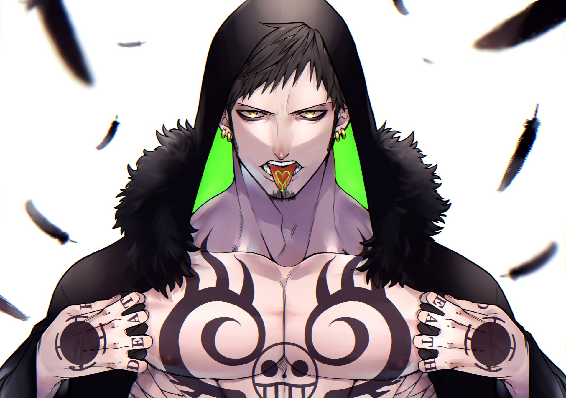 HD anime wallpaper featuring Trafalgar Law from One Piece with dark feathers and a striking, intense expression.