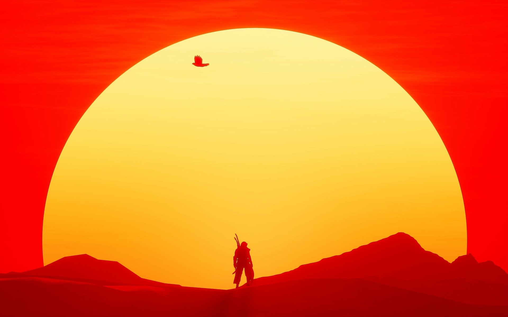 Assassin's Creed Origins 2K Quad HD PC desktop wallpaper/background: lone assassin silhouette on a desert ridge against a gigantic red-orange sun, small bird flying above.