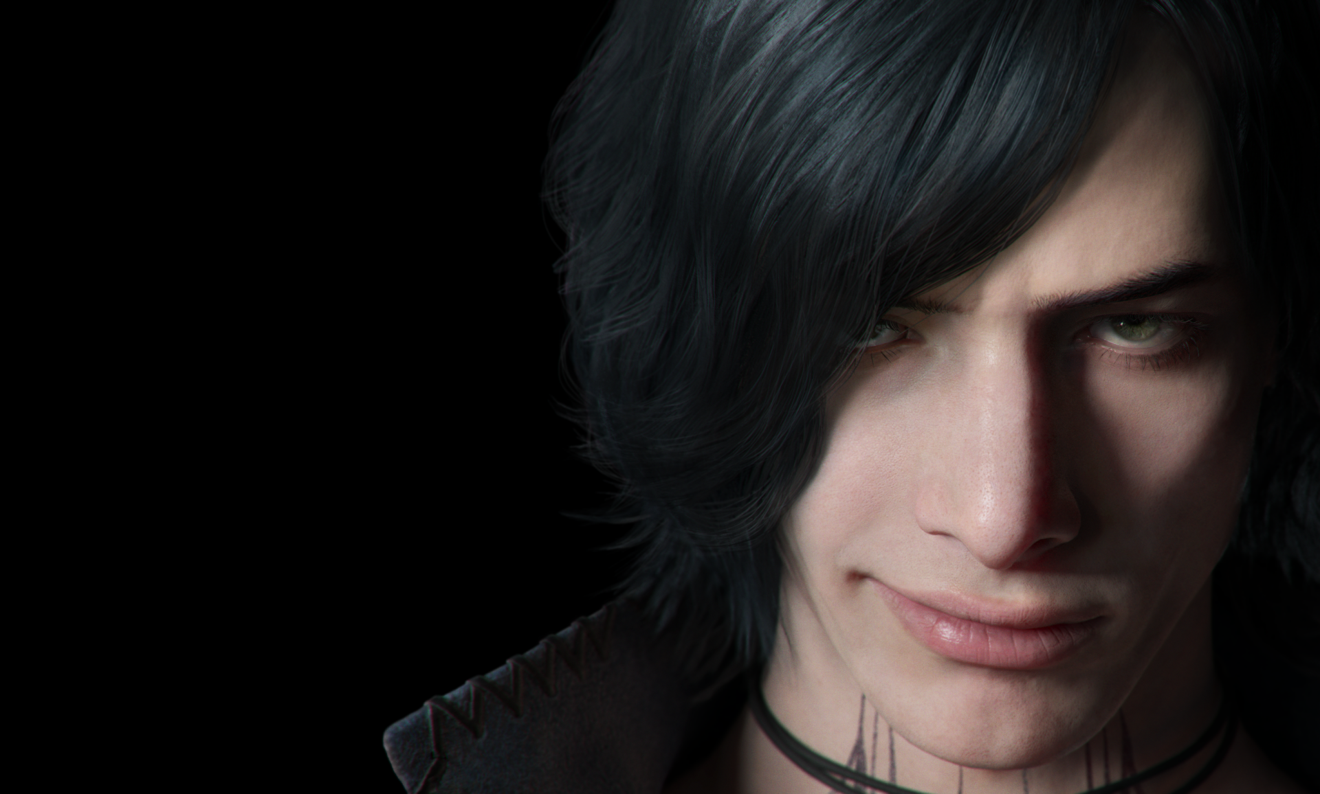 HD desktop wallpaper featuring V from Devil May Cry 5 video game. The image showcases V's face against a dark background, exuding his mysterious and intense persona.