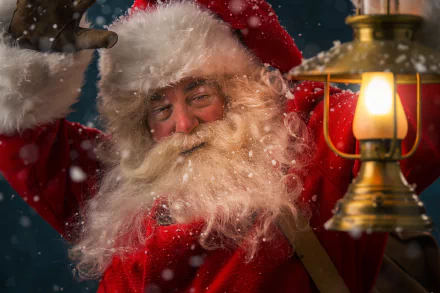A close-up of Santa Claus with a full white beard waving, holding a glowing lantern amid falling snow, captured in crisp 4K Ultra HD for a festive holiday scene.
