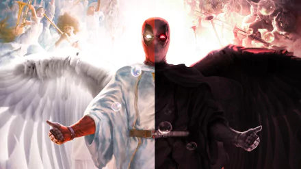 HD PC desktop wallpaper featuring Deadpool from Deadpool 2, depicted with angelic white wings on one side and dark wings on the other, highlighting duality.