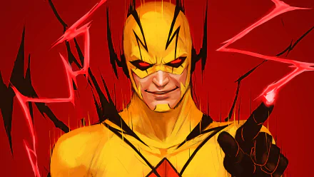 HD desktop wallpaper of Eobard Thawne / Professor Zoom (Reverse-Flash) in a yellow suit with black lightning accents, red eyes and a menacing grin, pointing a crackling red lightning finger on crimson.