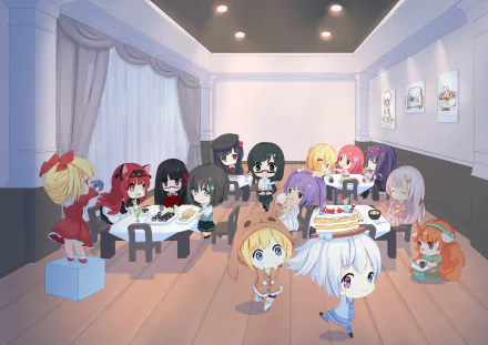 Chibi-style original anime characters gathered in a cozy room, featured as an HD PC desktop wallpaper and background.