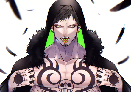 HD anime wallpaper featuring Trafalgar Law from One Piece with dark feathers and a striking, intense expression.