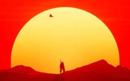 Assassin's Creed Origins 2K Quad HD PC desktop wallpaper/background: lone assassin silhouette on a desert ridge against a gigantic red-orange sun, small bird flying above.