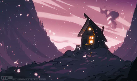 Artistic HD PC desktop wallpaper featuring a cozy house atop a snowy hill, glowing warmly against a twilight sky with mountains in the background.