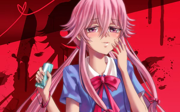 HD PC desktop wallpaper featuring Yuno Gasai from the anime Mirai Nikki, showcasing her with pink hair and a blue school uniform against a vivid red background.