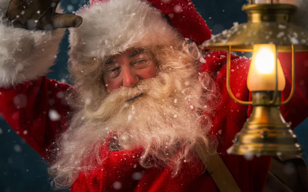 A close-up of Santa Claus with a full white beard waving, holding a glowing lantern amid falling snow, captured in crisp 4K Ultra HD for a festive holiday scene.