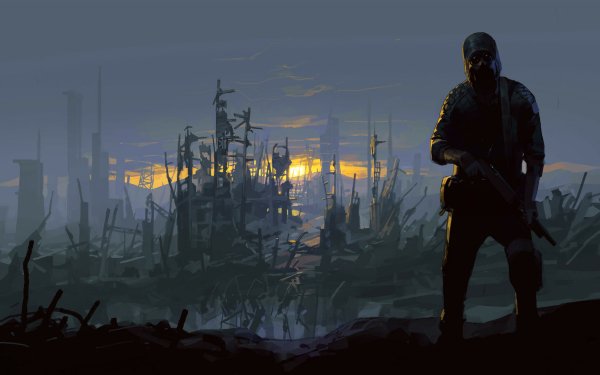 Sci Fi Post Apocalyptic Gas Mask Sunset Ruin Warrior HD Wallpaper | Background Image