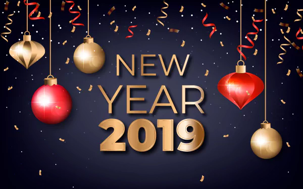 Holiday New Year 2019 2K Quad HD PC desktop wallpaper: gold NEW YEAR 2019 on a dark blue background with hanging red and gold baubles, confetti and curling streamers.
