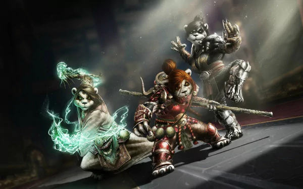 HD desktop wallpaper featuring three Pandaren monks from World of Warcraft: Mists of Pandaria, showcasing dynamic poses and mystical energy effects in a dramatic setting.