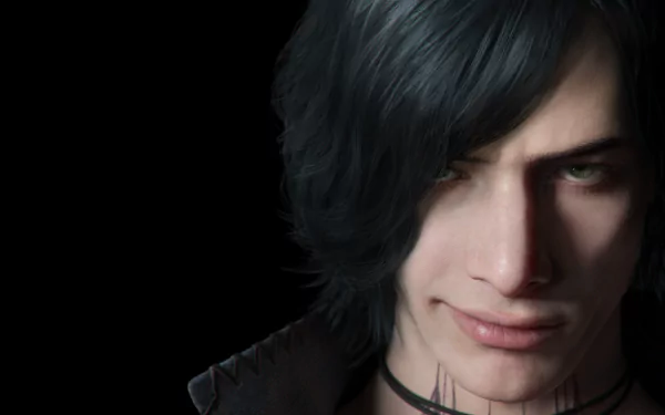 HD desktop wallpaper featuring V from Devil May Cry 5 video game. The image showcases V's face against a dark background, exuding his mysterious and intense persona.