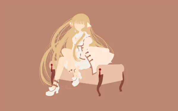 HD PC desktop wallpaper of Chi (Chobits) from the anime Chobits, seated on a small bench with long flowing blonde hair against a muted brown background.