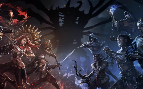 HD PC desktop wallpaper featuring characters in an epic confrontation from the video game Path of Exile, showcasing intense fantasy action and dark, mystical elements.