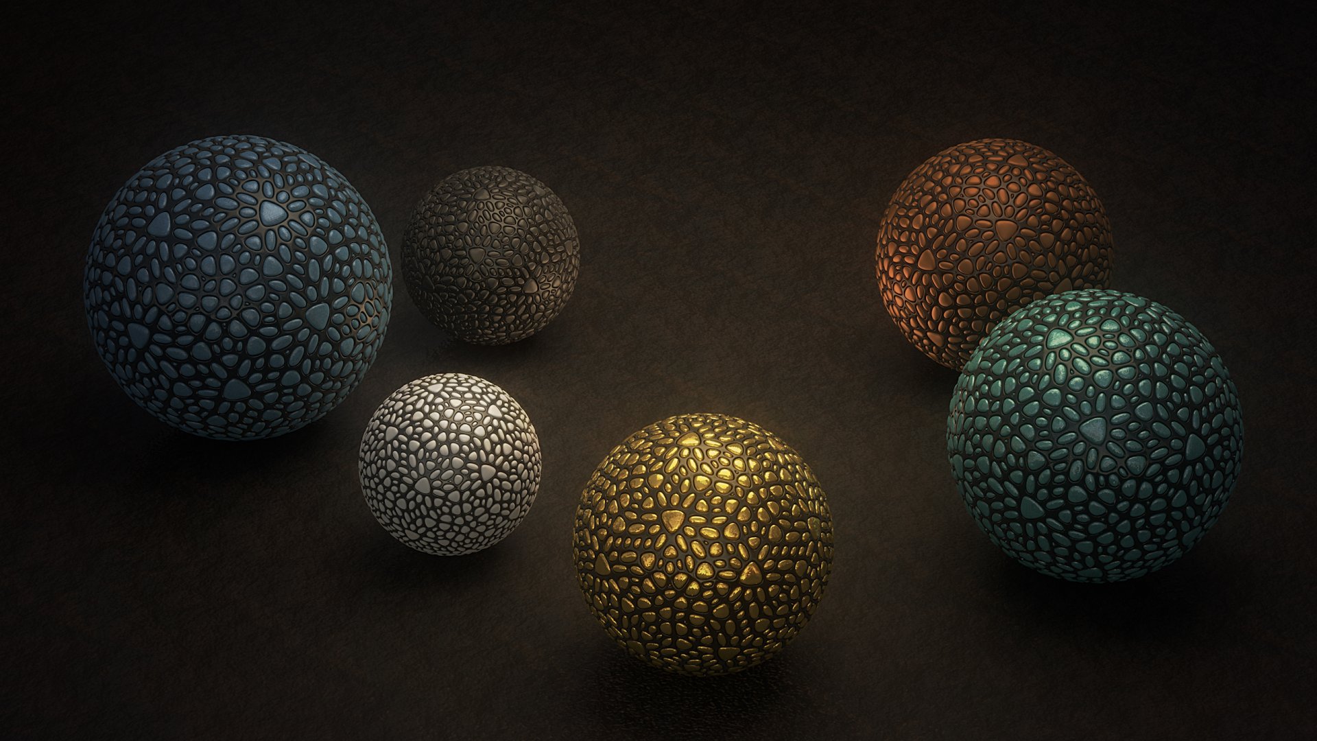 Abstract composition of six textured mosaic balls in warm and cool tones on a dark surface — 2K Quad HD PC desktop wallpaper and background.
