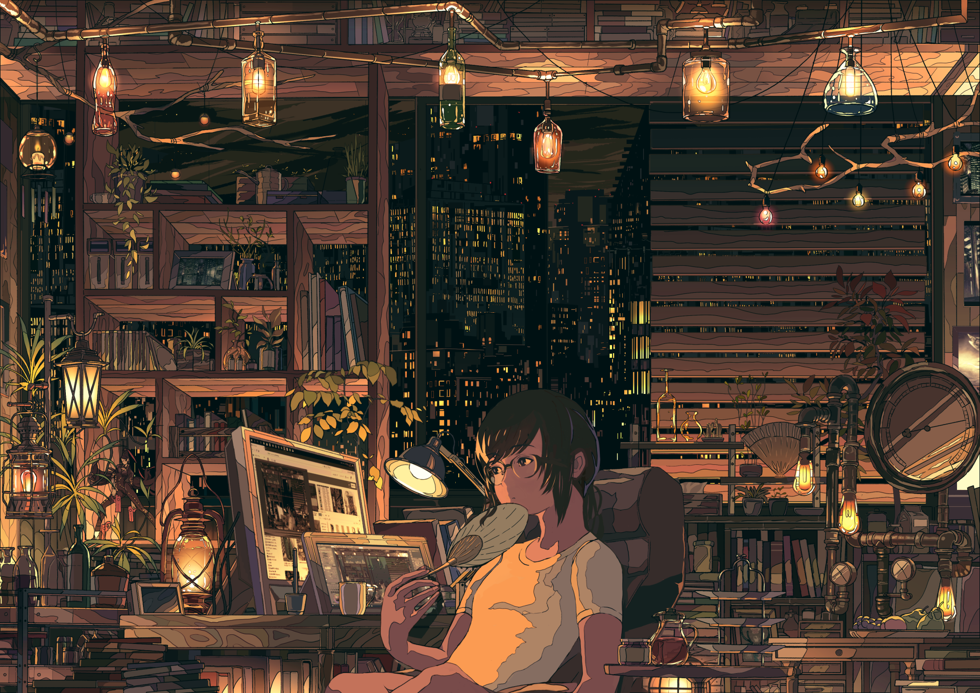HD anime desktop wallpaper featuring a character in a cozy, dimly lit room filled with books and twinkling lights, overlooking a cityscape at night.