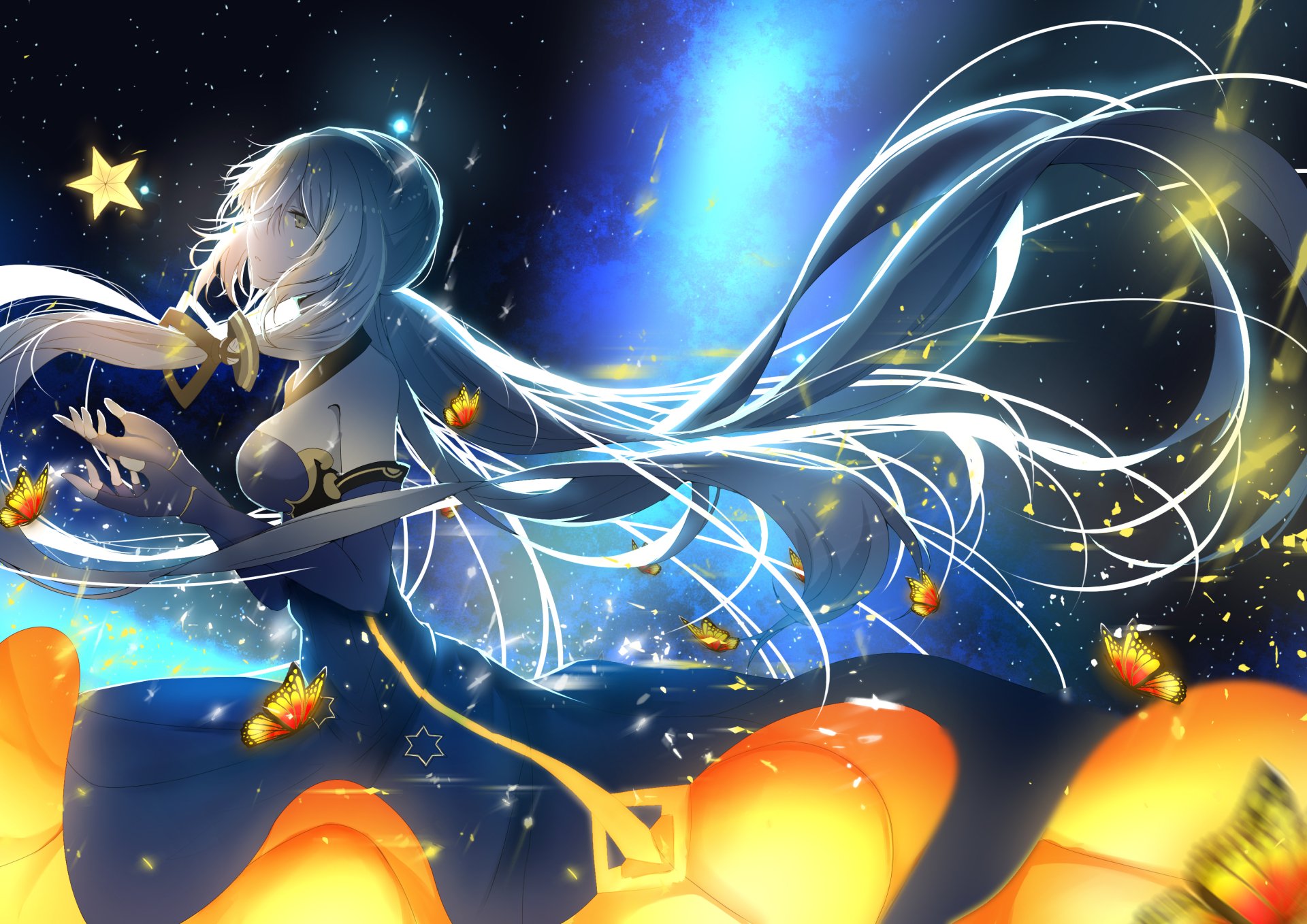 HD PC desktop wallpaper featuring Stardust from Vocaloid in an ethereal anime style, illuminated by glowing stars and butterflies against a cosmic backdrop.