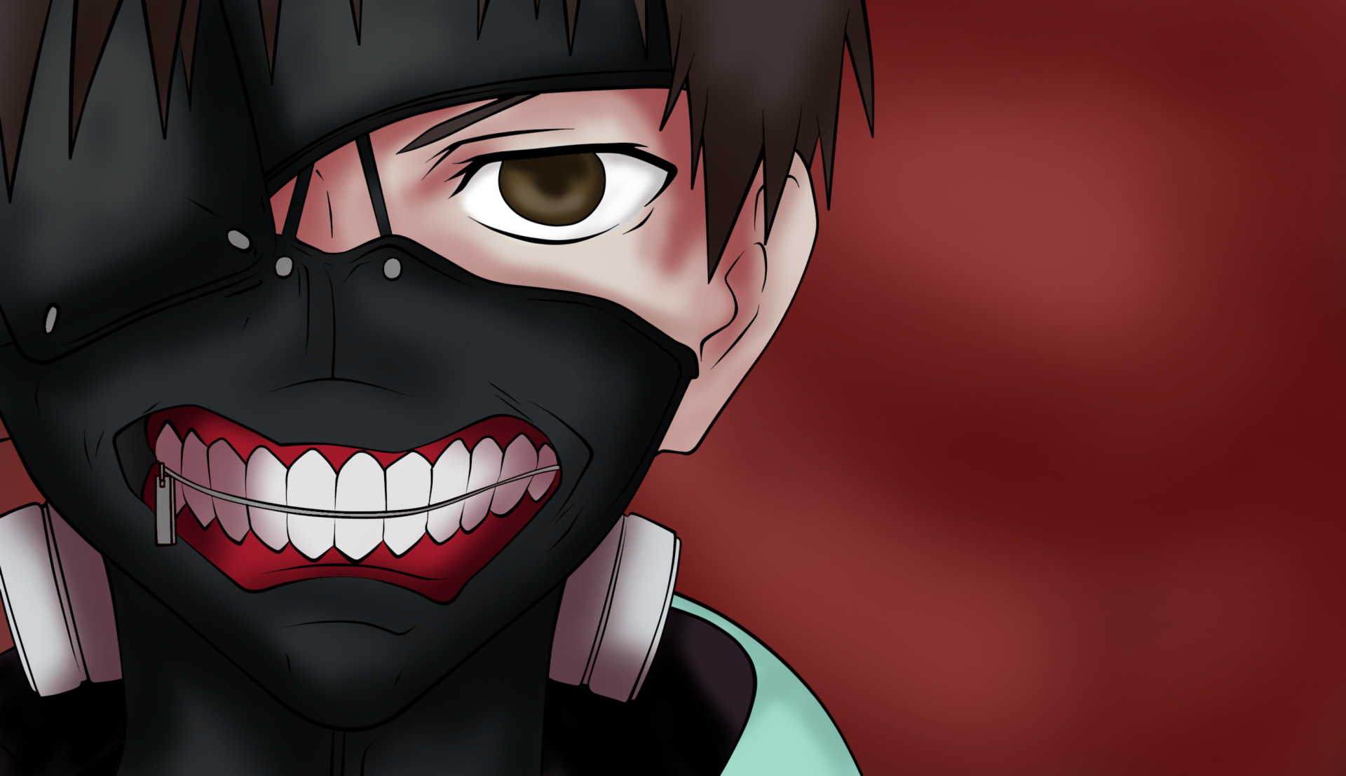 HD PC desktop wallpaper featuring Ken Kaneki from the anime Tokyo Ghoul, showcasing his signature black mask with exposed teeth against a dark red background.