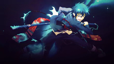 HD PC wallpaper of Rin Okumura from Blue Exorcist, anime action pose with pointed ears, wielding a sword surrounded by blue flames against a dark, dynamic background.