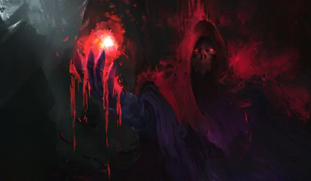 Dark fantasy HD PC wallpaper featuring a sorcerer cloaked in shadows, wielding fiery dark magic in a haunting, eerie atmosphere.